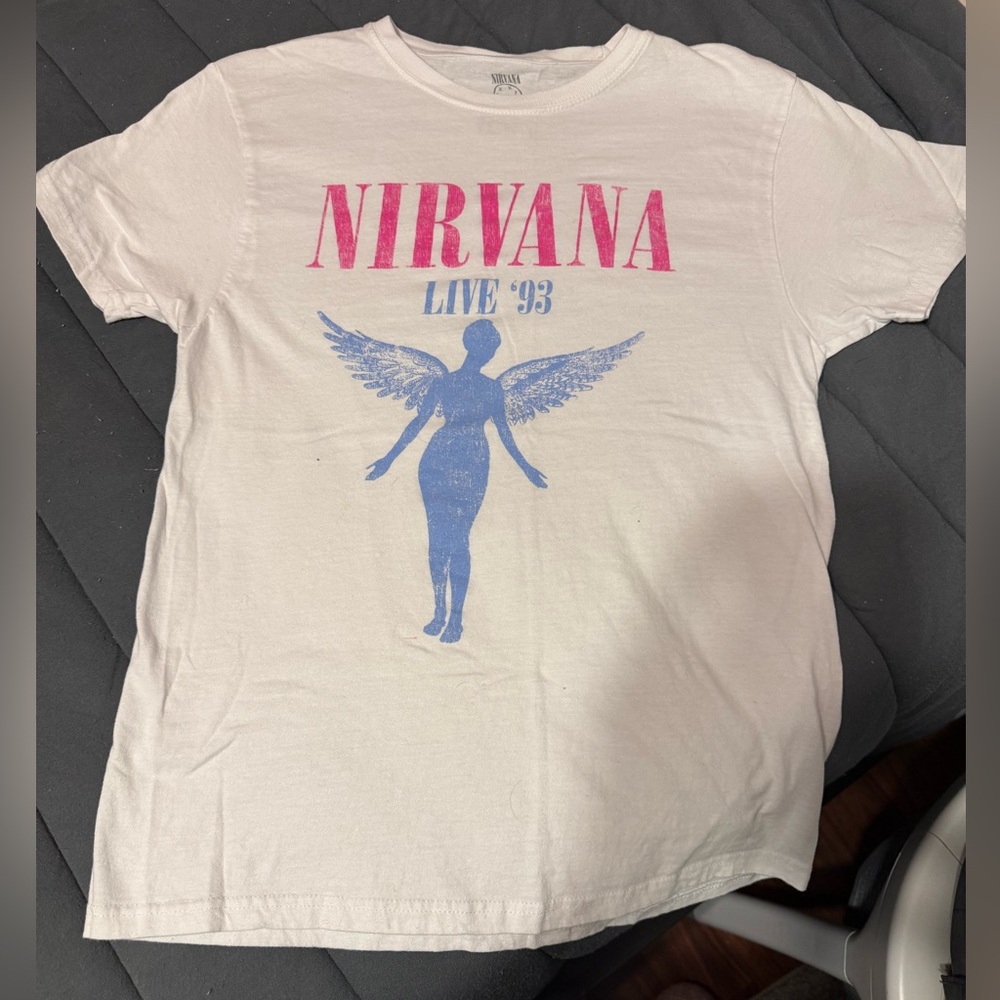 NIRVANA White Tee with Pink Logo & Blue Angel